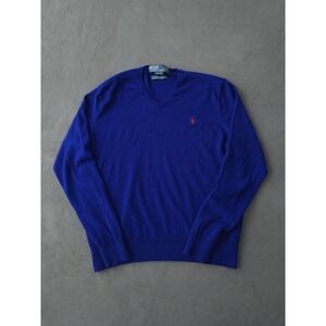 Vintage Polo Ralph Lauren Merino Wool Blue V-neck Sweater XL